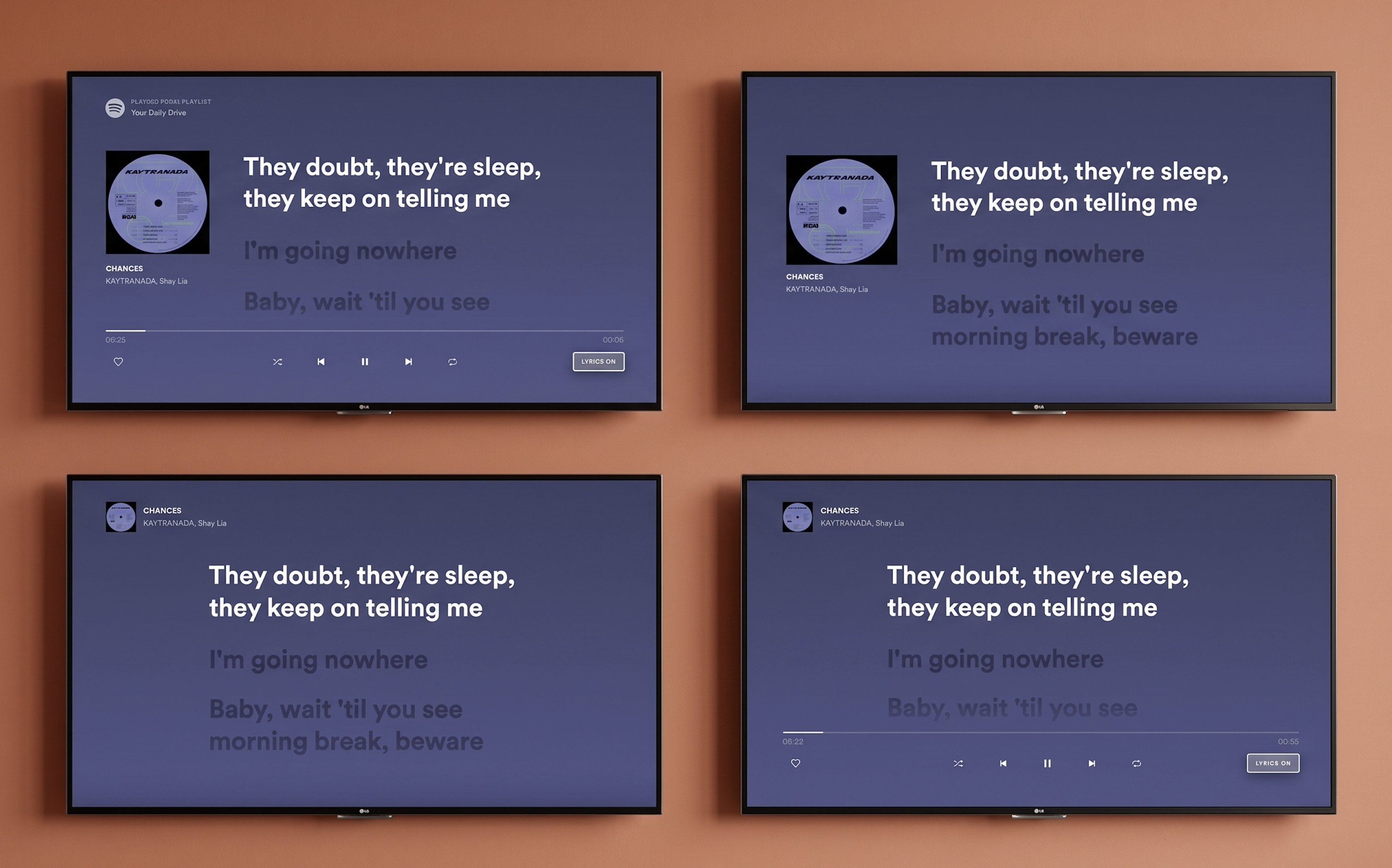 Two design directions — artwork prominent vs lyrics primary