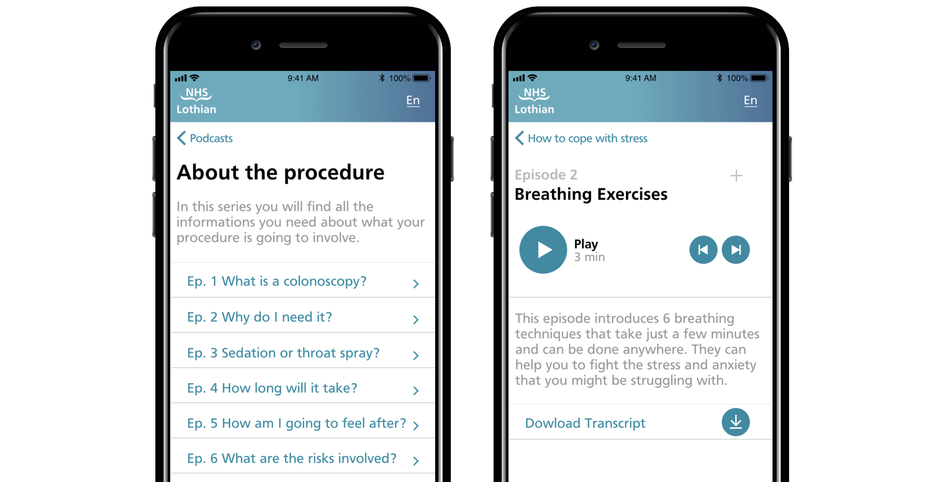 NHS podcast app prototype screens